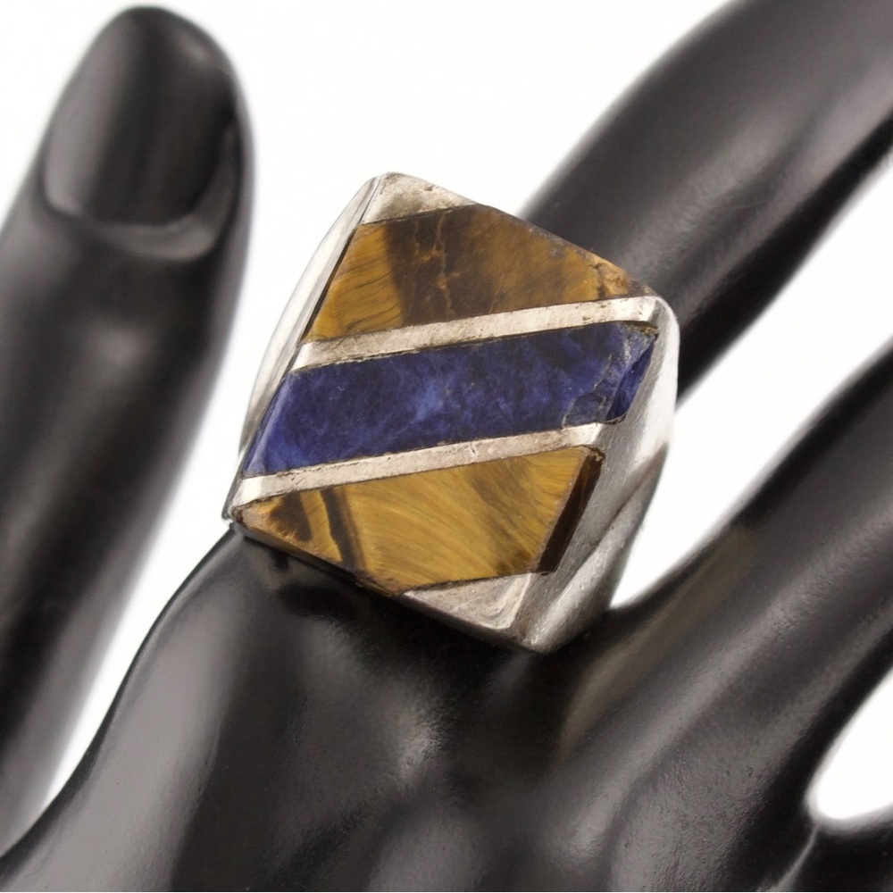 Vintage Tiger’s Eye and Sodalite Inlay Sterling Silver Biker Ring Men’s Size 12